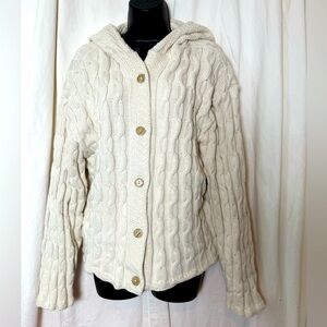 Brimwick Ivory 100% Cotton Cable Knit Hooded  Sweater Womens Sz XL Made in USA